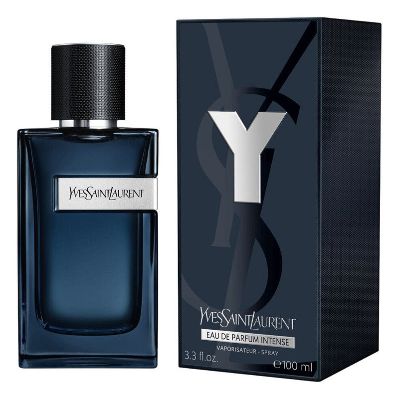 Yves Saint Laurent Y Eau De Parfum Intense for Men 100ml bottle with sleek design and black cap, displayed on a white background.