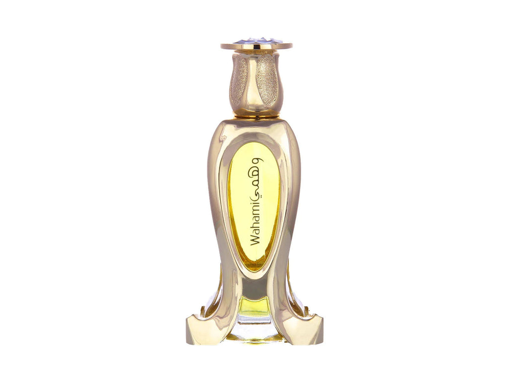 Rasasi Wahami concentrated perfume oil (attar) 22ml for men and women, showcasing a glass bottle with a black cap.