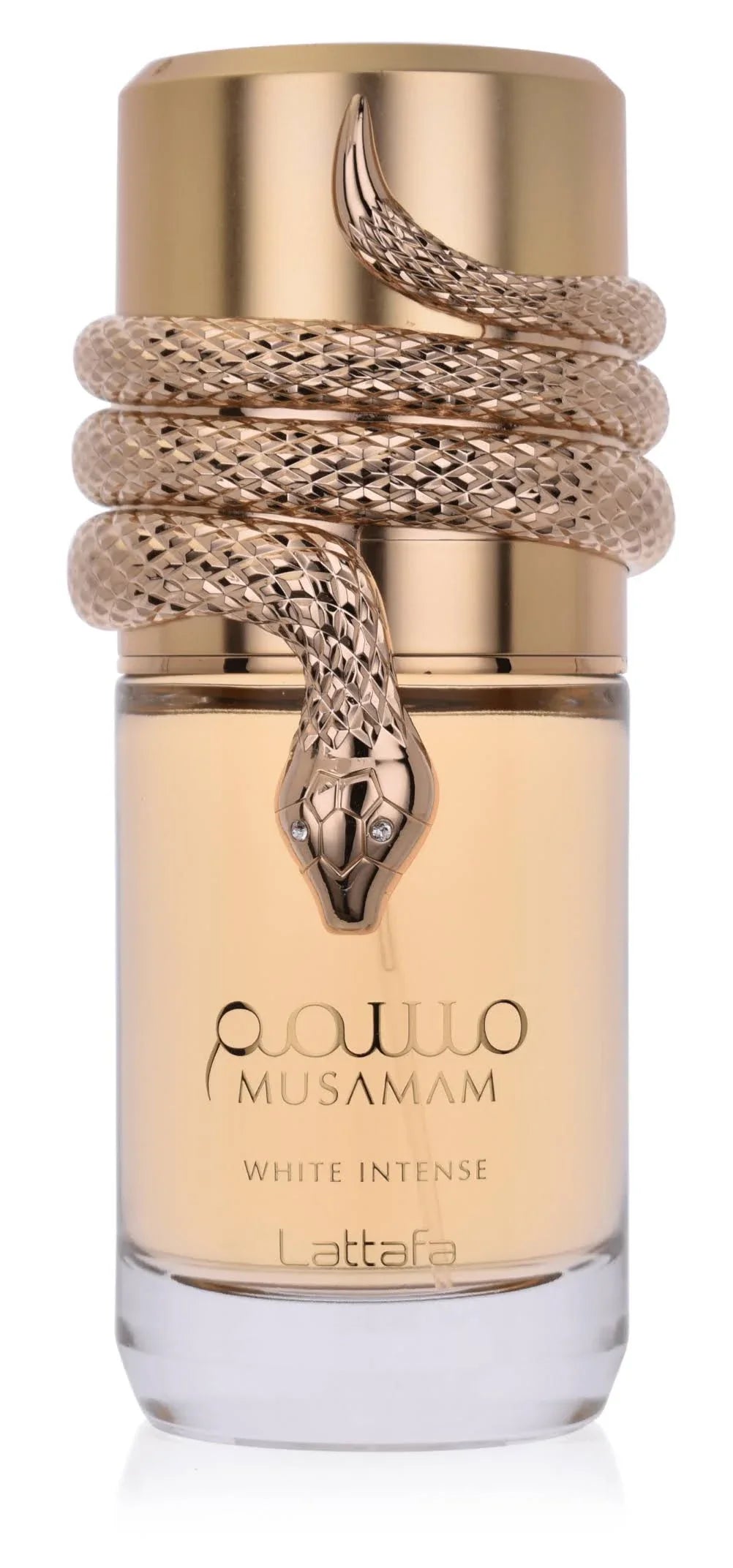 Lattafa Musamam White Intense perfume bottle for men and women, 100ml, elegant white packaging with silver accents.