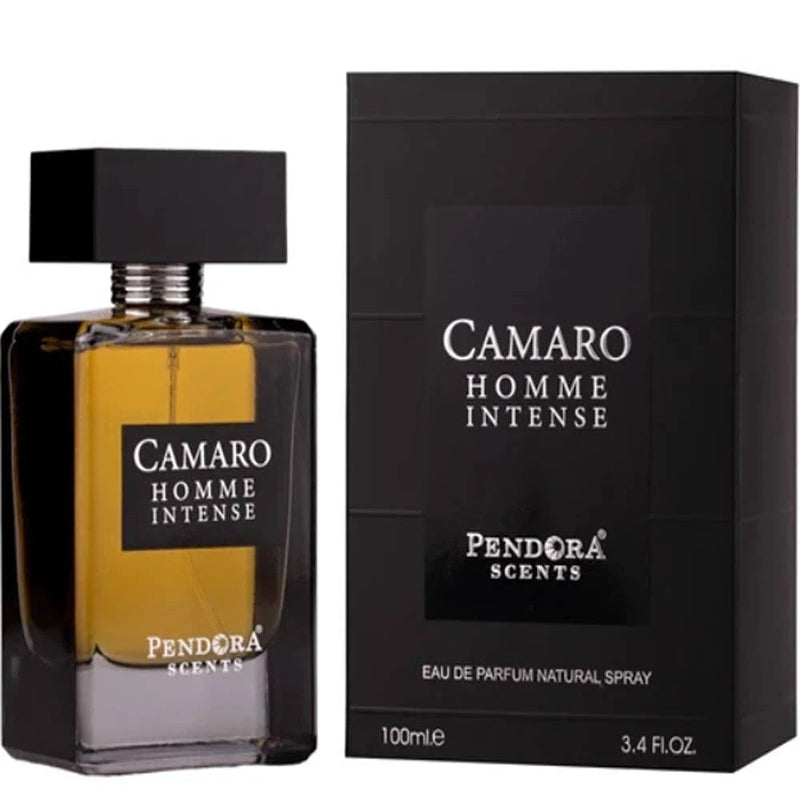 Paris Corner Camaro Homme Intense Eau De Parfum 100ml for men, bottle with sleek black cap and modern design, on a white background.