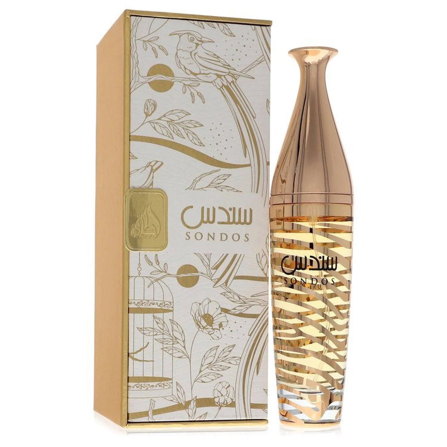 Lattafa Sondos Eau de Parfum 100ml bottle for men and women, elegant glass container with a sleek design and a spray nozzle.