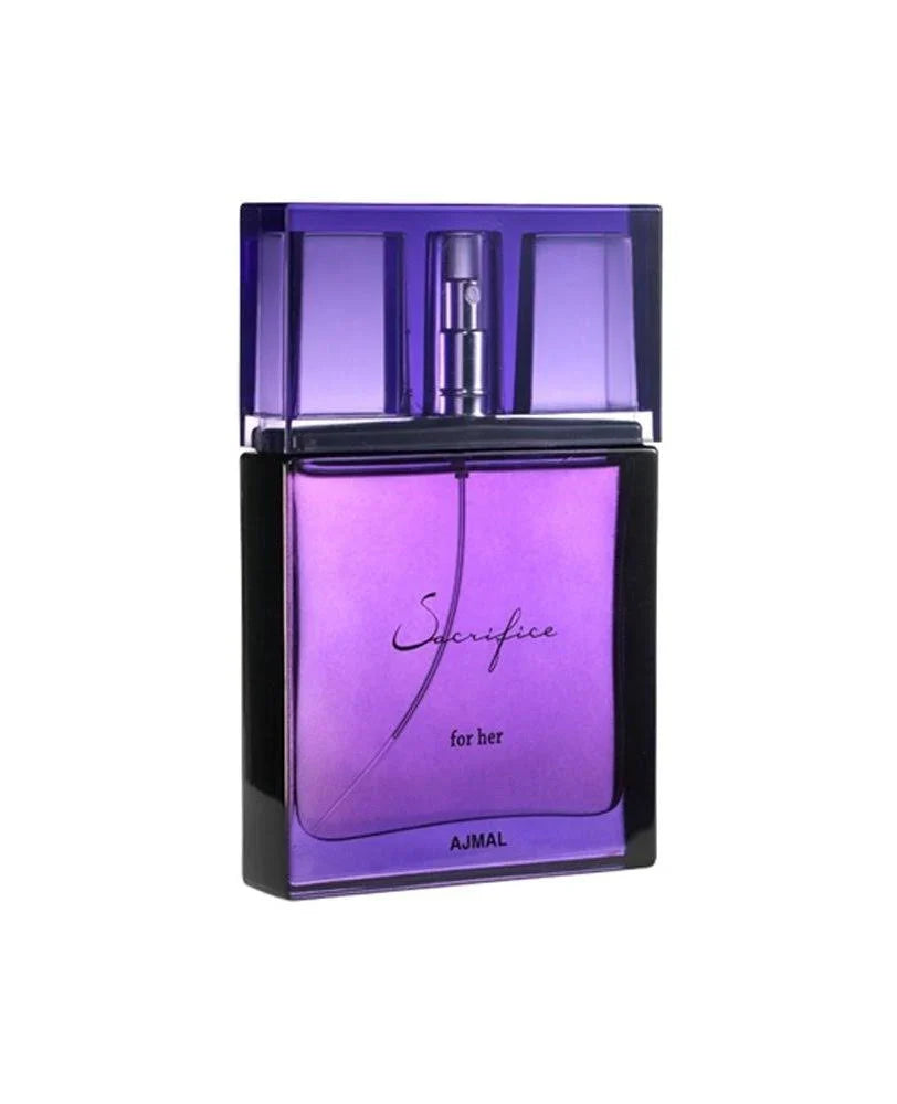 Ajmal Sacrifice Eau De Parfum 50ml for women, elegant glass bottle with floral and fruity fragrance accents.