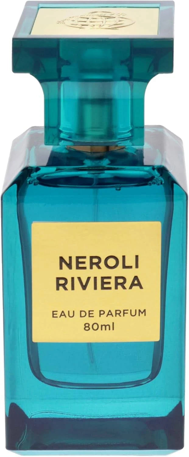 Fragrance World Neroli Riviera Eau de Parfum 80ml for men and women, with a clear glass bottle and elegant floral citrus label.