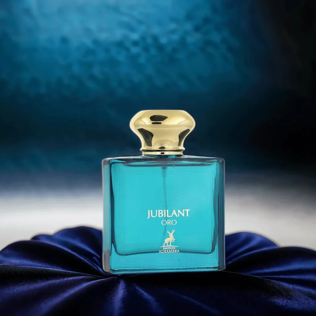 Maison Alhambra Jubilant Oro Eau De Parfum 100ml bottle with gold accents, elegant design for men and women.
