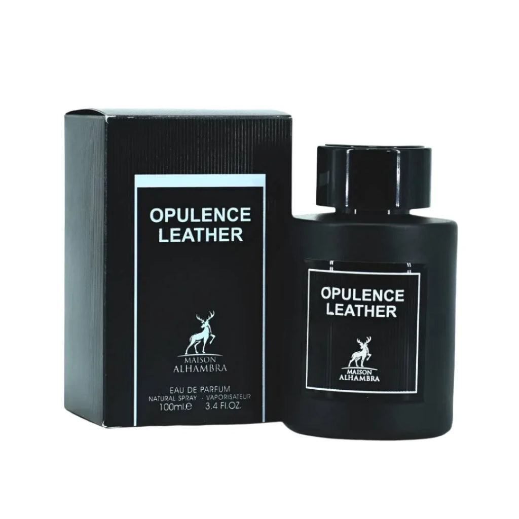 Maison Alhambra Amber & Leather Eau De Parfum for Men, 100ml bottle featuring elegant amber and leather notes.