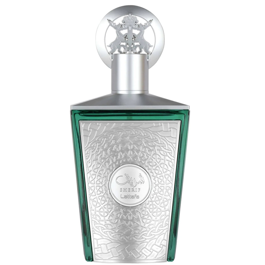Lattafa Sherif Eau De Parfum 100ml bottle for men and women, elegant glass perfume with gold accents and floral design.