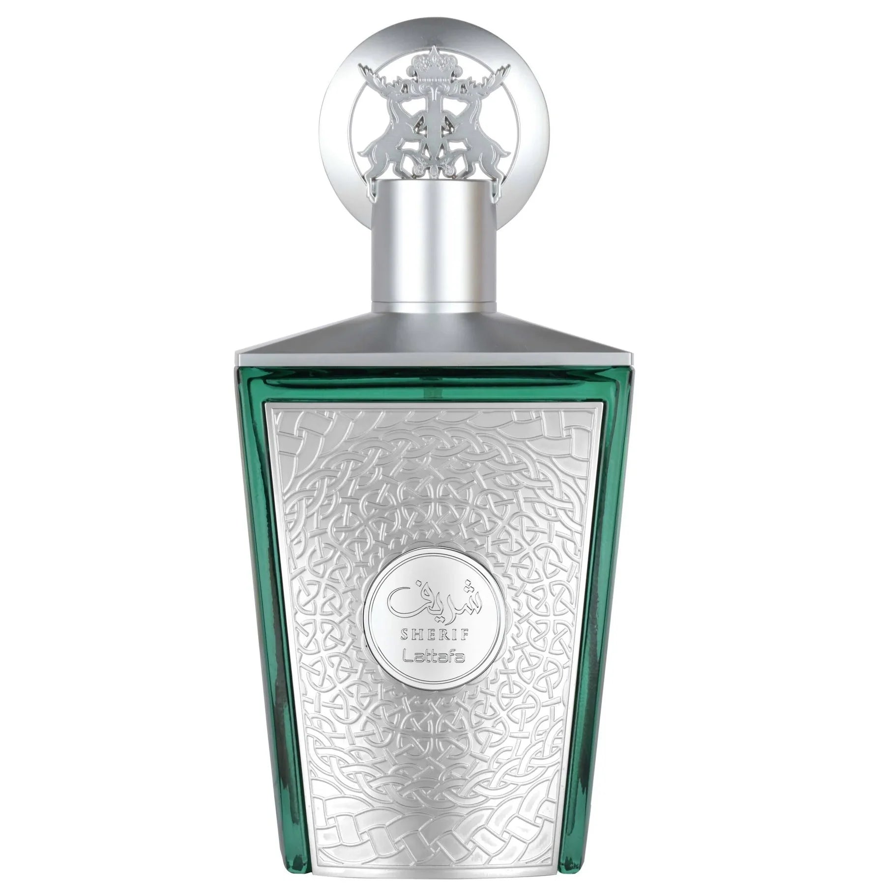 Lattafa Sherif Eau De Parfum 100ml bottle for men and women, elegant glass perfume with gold accents and floral design.
