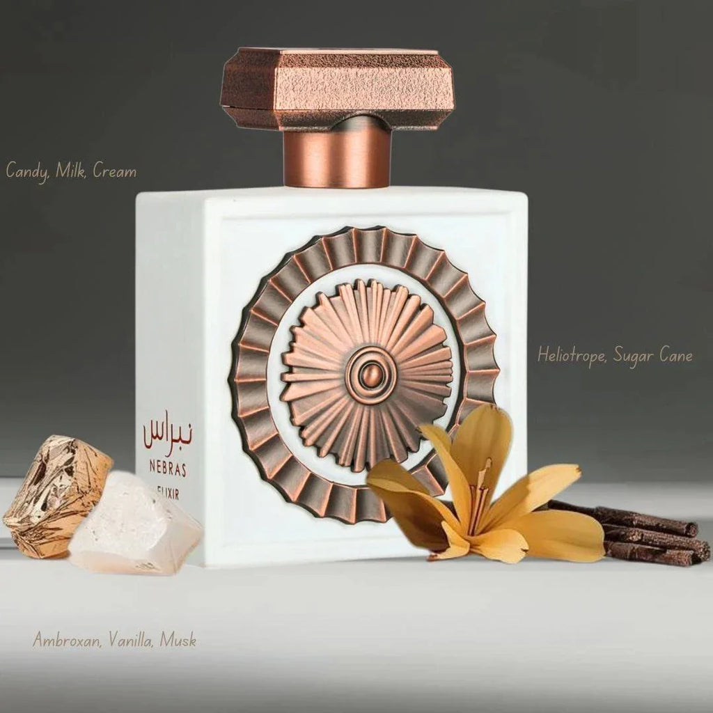 Lattafa Nebras Elixir Eau De Parfum 100ml, elegant bottle for men and women, showcasing luxurious fragrance packaging.