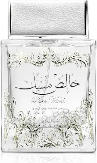 Lattafa Pure Musk Khalis Musk Eau De Parfum 100ml with 50ml free deodorant, featuring a sleek bottle and elegant packaging.