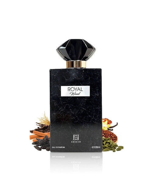 Ahmed Al Maghribi Royal Wood Eau de Parfum 100ml for men and women, with elegant bottle and luxurious fragrance design.