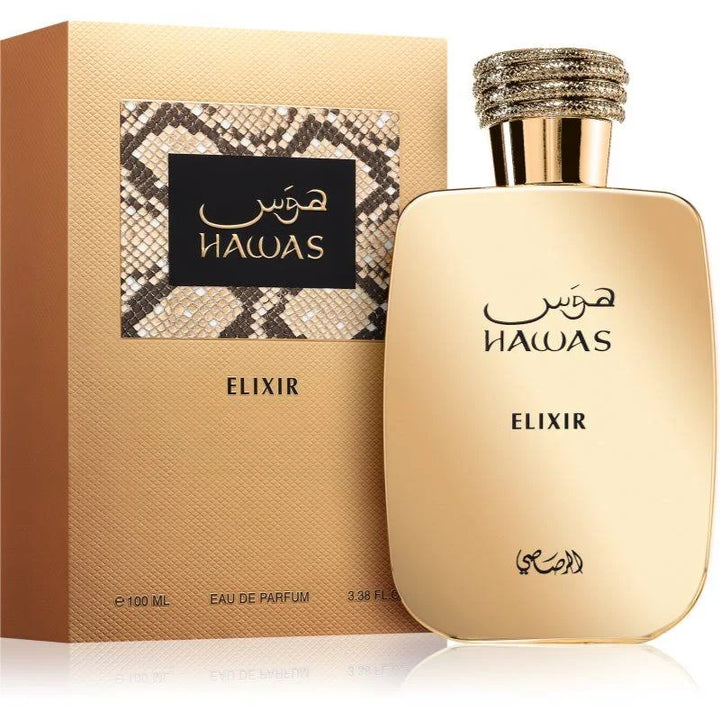 Rasasi Hawas Elixir Eau De Parfum 100ml for men, featuring the sleek bottle with elegant design and fragrance details.