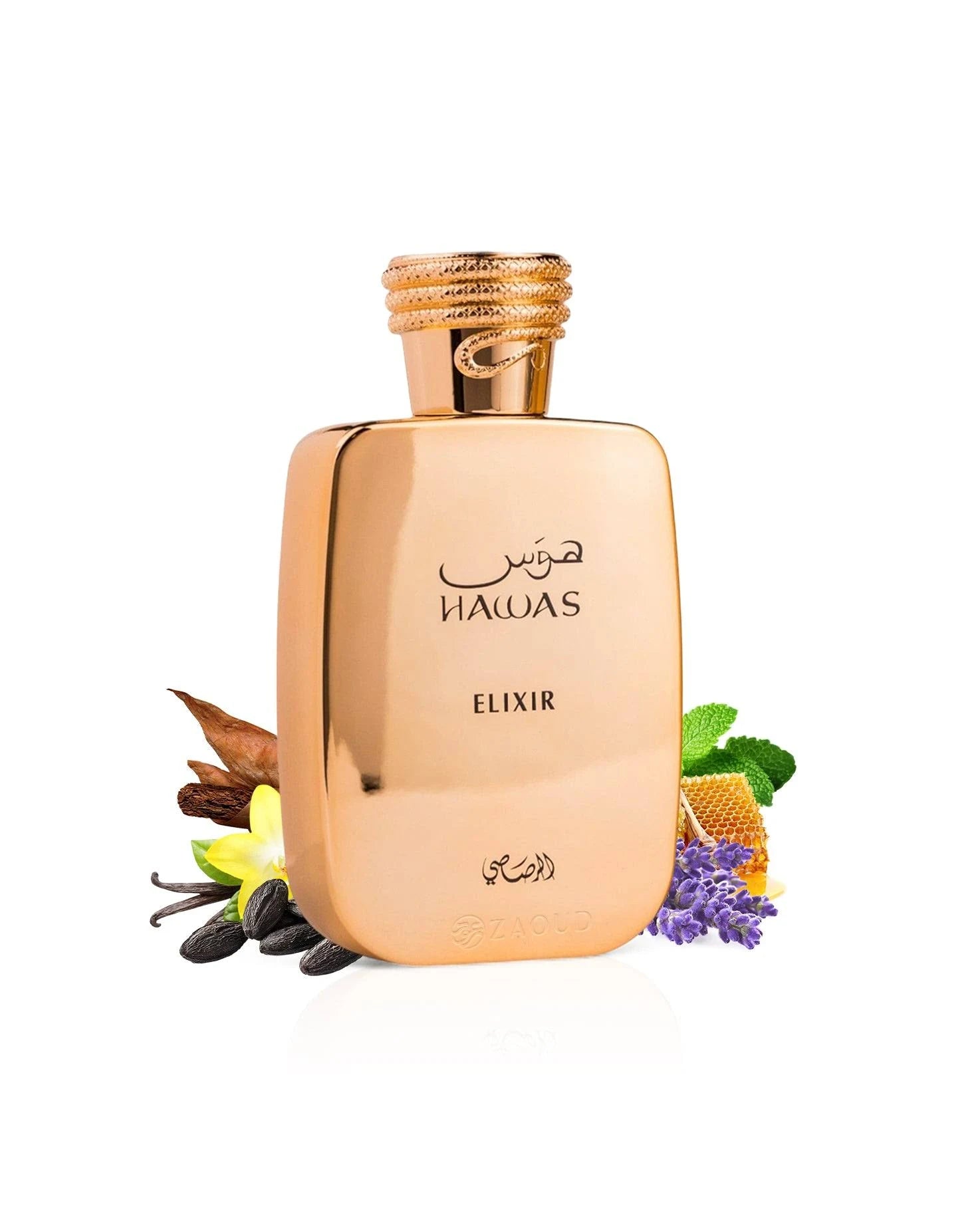 Rasasi Hawas Elixir Eau De Parfum 100ml for men, featuring a sleek bottle with a dark blue cap and modern design.