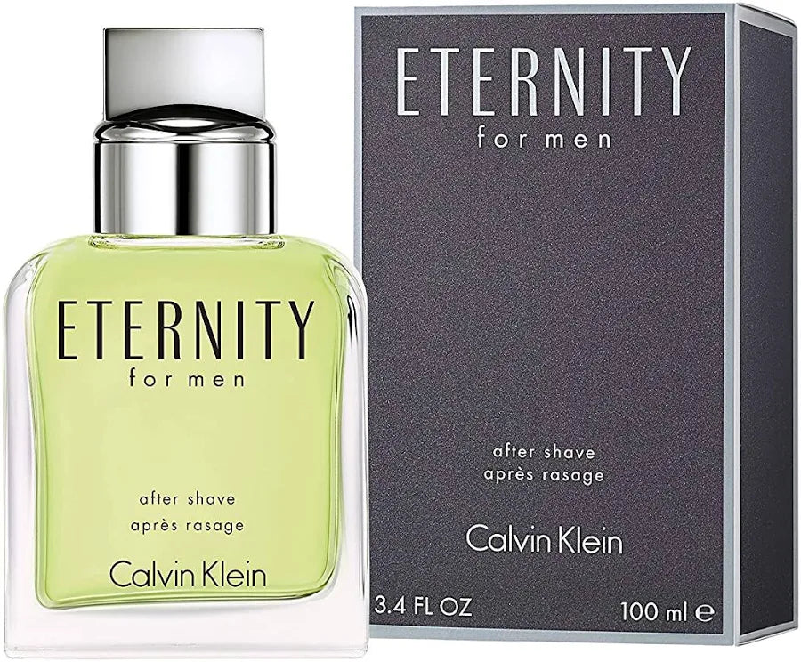 Calvin Klein Eternity After Shave for Men, clear bottle with white cap and sleek design, displayed on a neutral background.