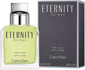 Calvin Klein Eternity After Shave for Men, clear bottle with white cap and sleek design, displayed on a neutral background.