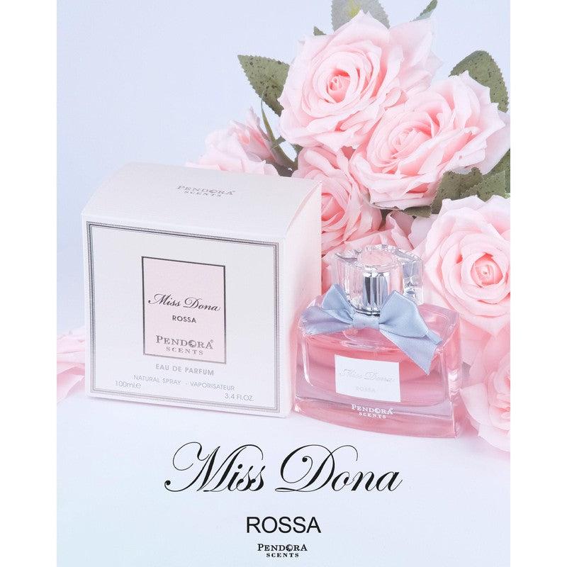 Pendora Cents Miss Dona Rossa Eau De Parfum bottle, 100ml, for women, with elegant glass and red cap.