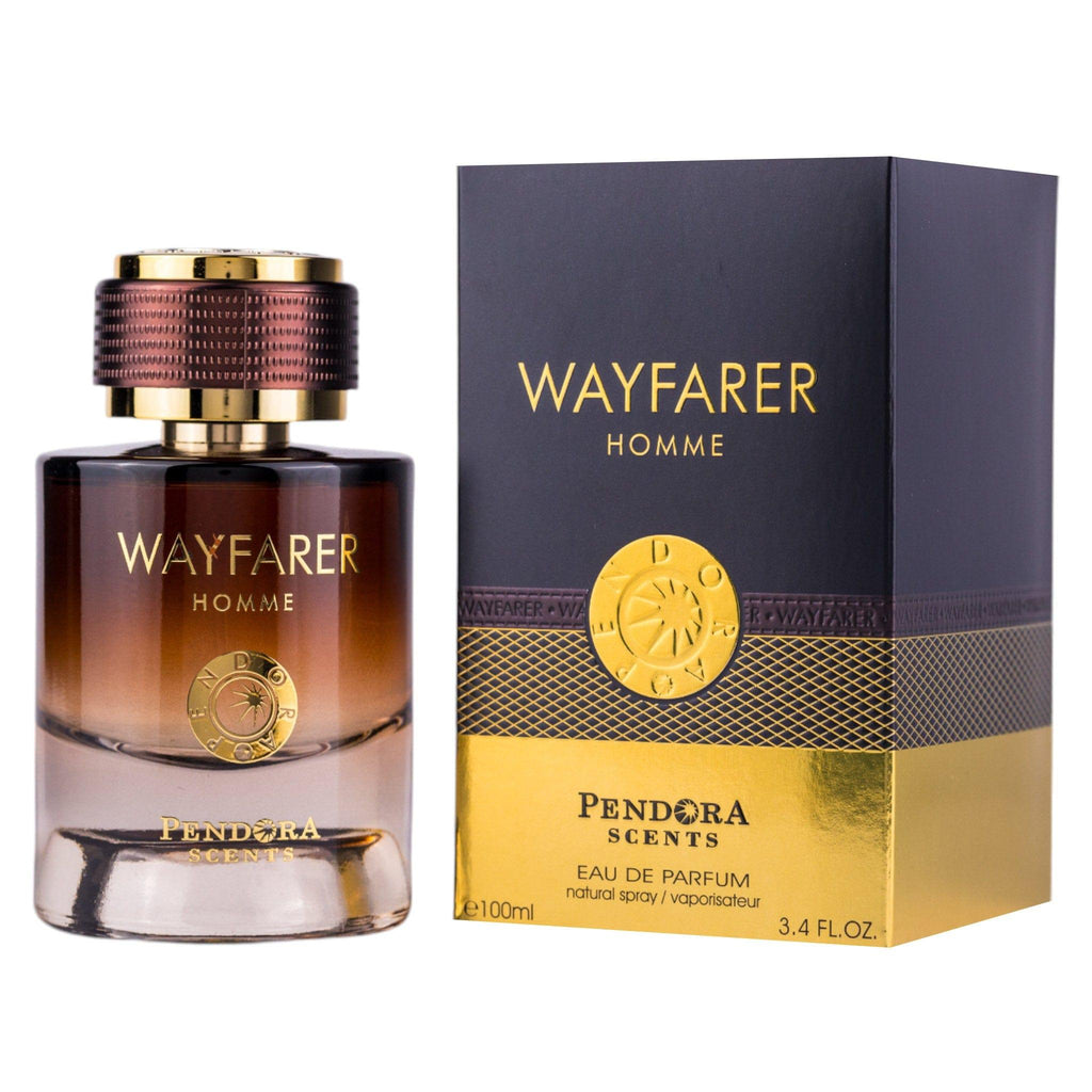 Pendora Scents Wayfarer Homme Eau de Parfum 100 ml bottle for men, sleek design with black and silver accents.