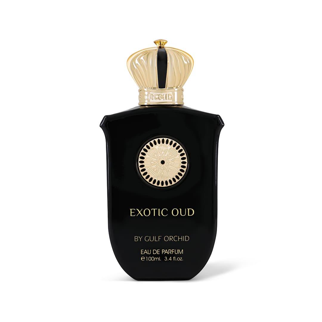 Gulf Orchid Exotic Oud Eau De Parfum bottle for men and women displayed on a sleek surface with a dark, elegant design.