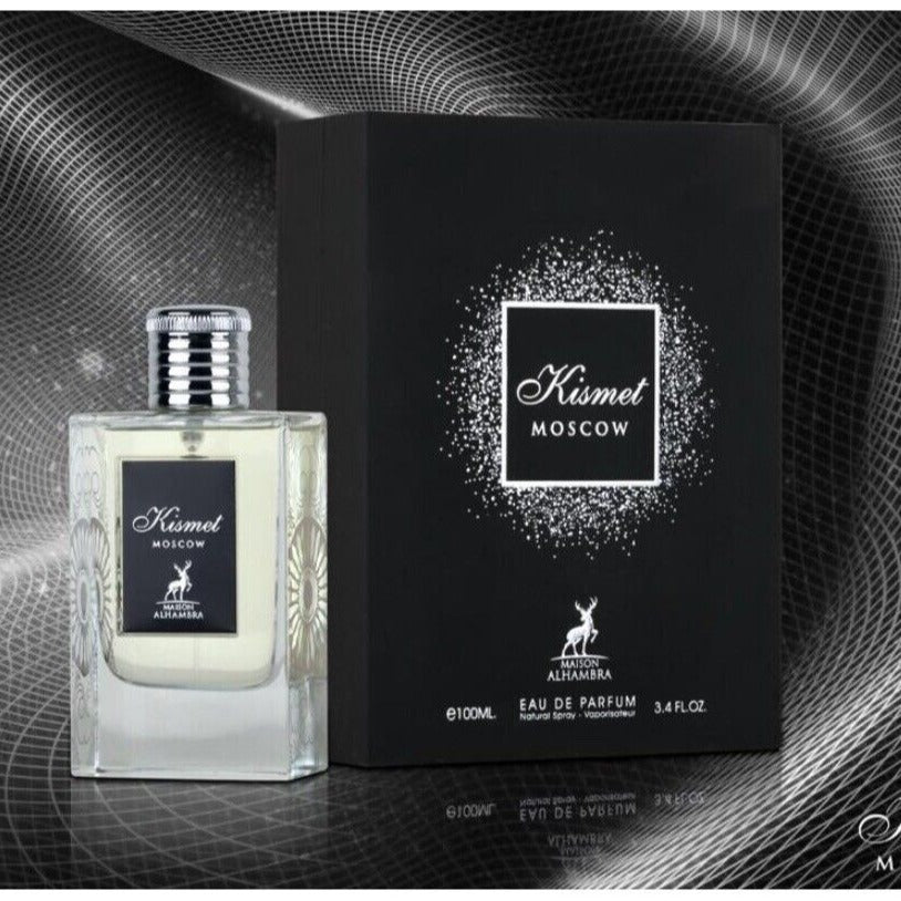 Alhambra Kismet Moscow perfume bottle with intricate design, 100ml size, showcasing elegant packaging and branding.
