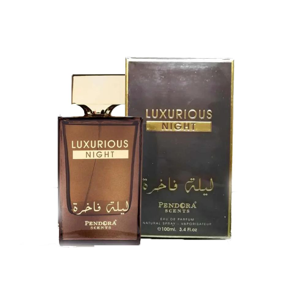 Pendora Scents Luxurious Night Eau De Parfum bottle for men and women, featuring a sleek dark glass design with a silver cap.