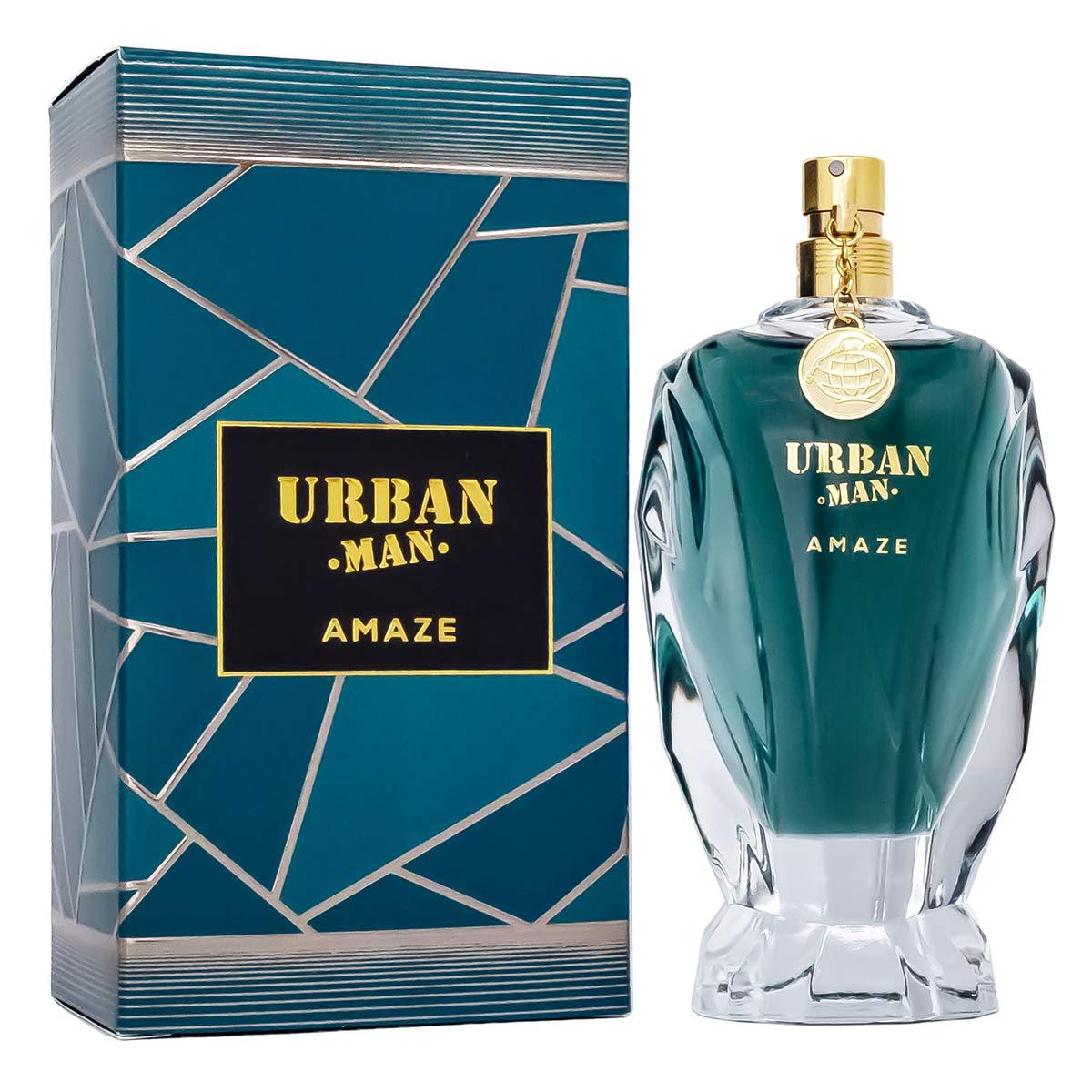 Urban Man Amaze Eau de Parfum for Men by Fragrance World, featuring a sleek dark bottle with a modern design and silver accents.