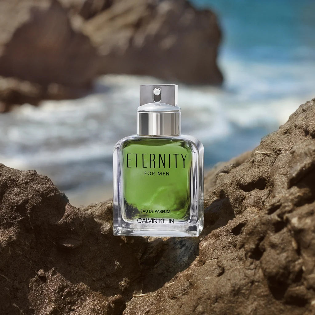 Calvin Klein Eternity Eau De Parfum 100ml for men, with the perfume bottle featuring a sleek design and elegant branding.