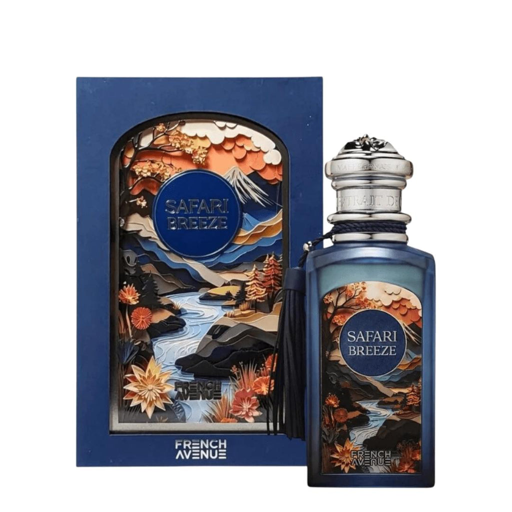 French Avenue Safari Breeze unisex Eau de Parfum 100ml bottle with elegant packaging and floral, woody scent profile.