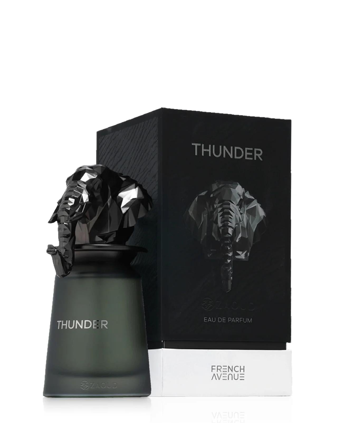French Avenue Thunder Eau de Parfum Men 100ml bottle with sleek black cap and modern design, displayed on a neutral background.