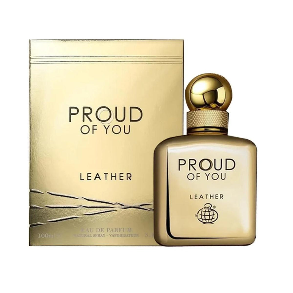 Fragrance World Proud Of You Leather Eau De Parfum 100ml men’s bottle with sleek black cap and elegant label design.
