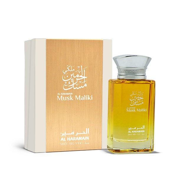Al Haramain Musk Maliki 100ml Eau de Parfum bottle for men and women, with elegant gold cap and sleek black packaging.