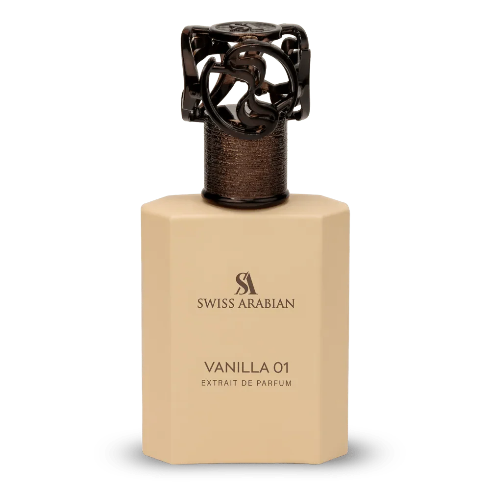 Swiss Arabian Vanilla 01 Extrait De Parfum bottle for women, featuring a sleek glass container with a vanilla-scented fragrance.
