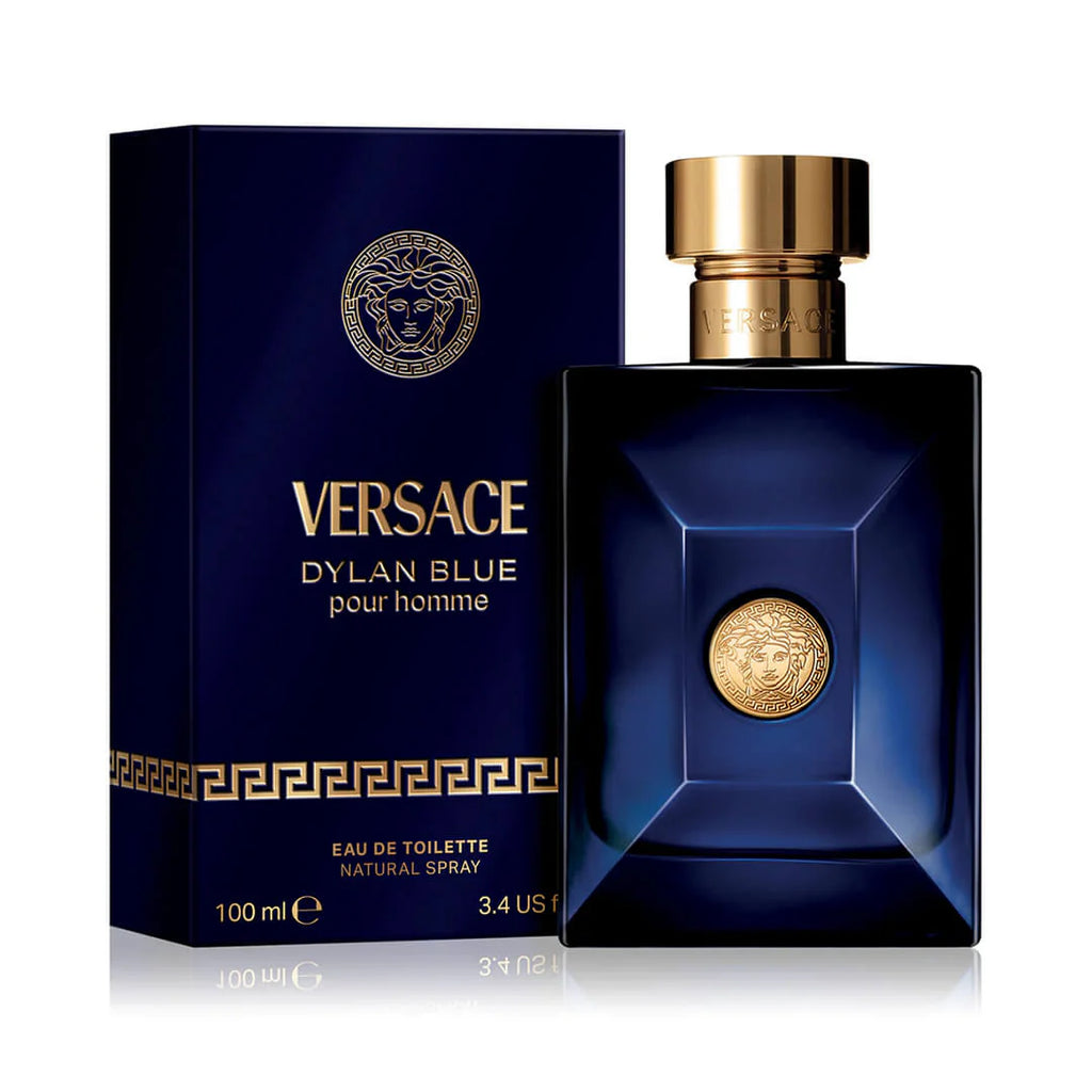 Versace Dylan Blue Pour Homme Eau de Toilette bottle for men, featuring sleek design and blue fragrance packaging.