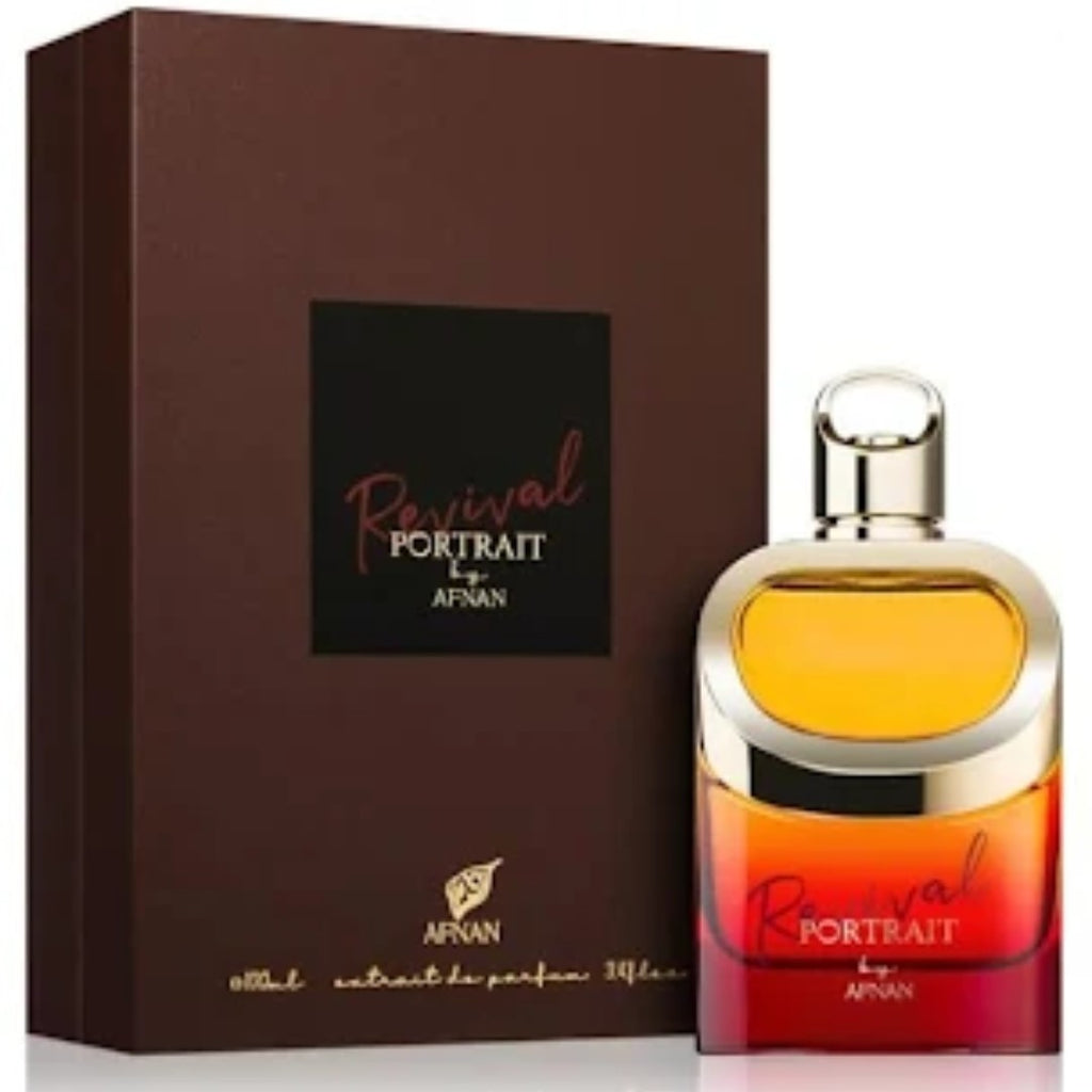Afnan Revival Portrait Eau de Parfum 100ml bottle for men and women, sleek design with a clear glass container and black cap.