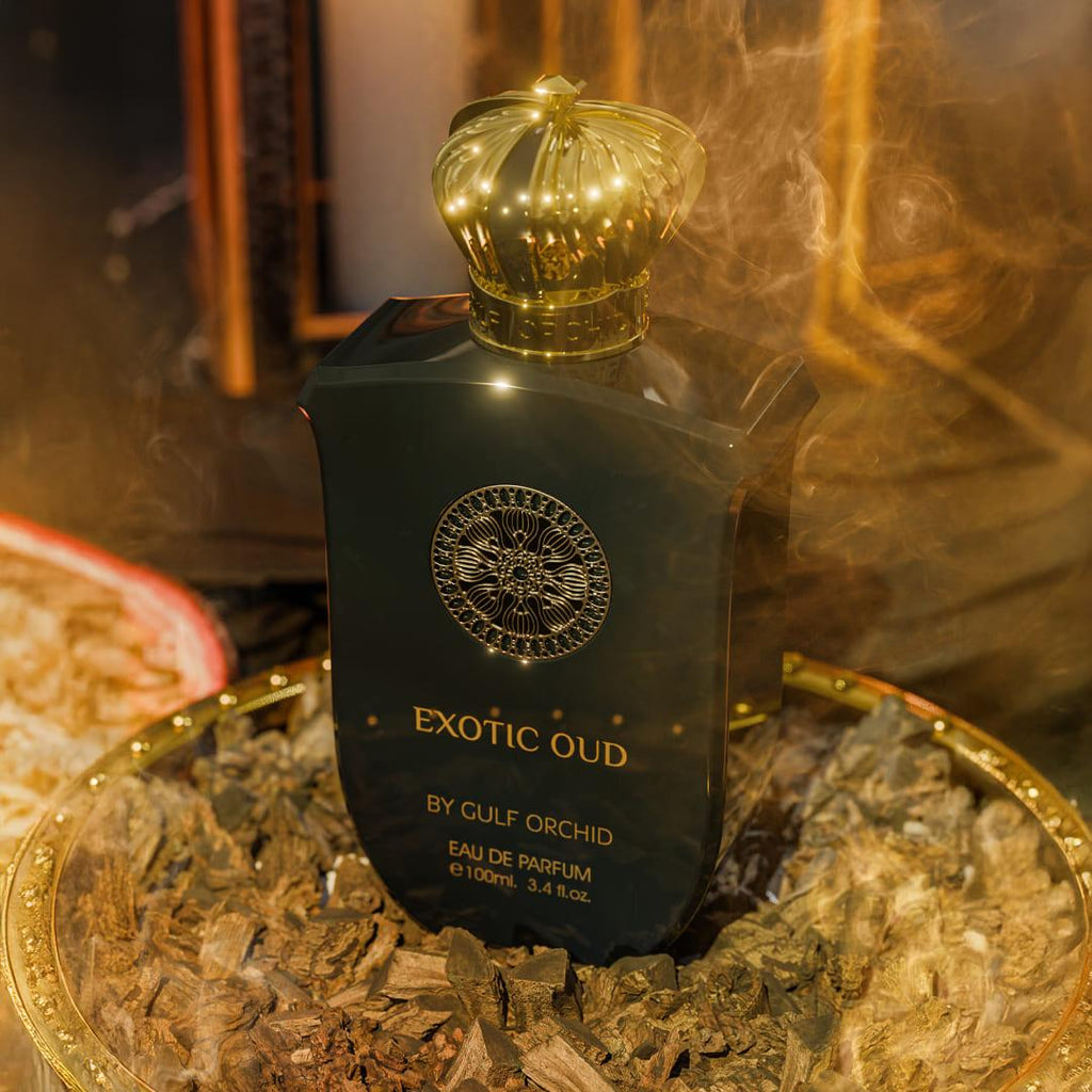 Gulf Orchid Exotic Oud Eau De Parfum bottle for men and women, featuring elegant glass packaging with a sleek design.