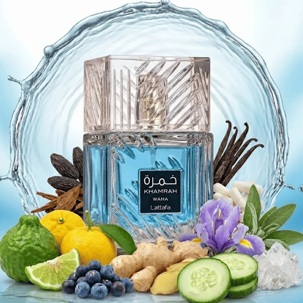 Lattafa Khamrah Waha Eau De Parfum 100ml bottle for men and women, showcasing the elegant fragrance packaging.