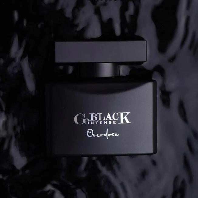 Black bottle of Paris Corner G Black Intense Overdose Eau de Parfum for Men, 100ml, with sleek dark design and modern label.