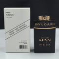 Tester Bvlgari Man In Black Eau De Parfum 100ml bottle, sleek black fragrance bottle with silver accents on a white background.