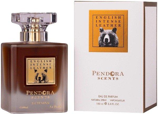 Pendora Scents English Intense Leather Eau De Parfum bottle for men, featuring a sleek black and gold design.