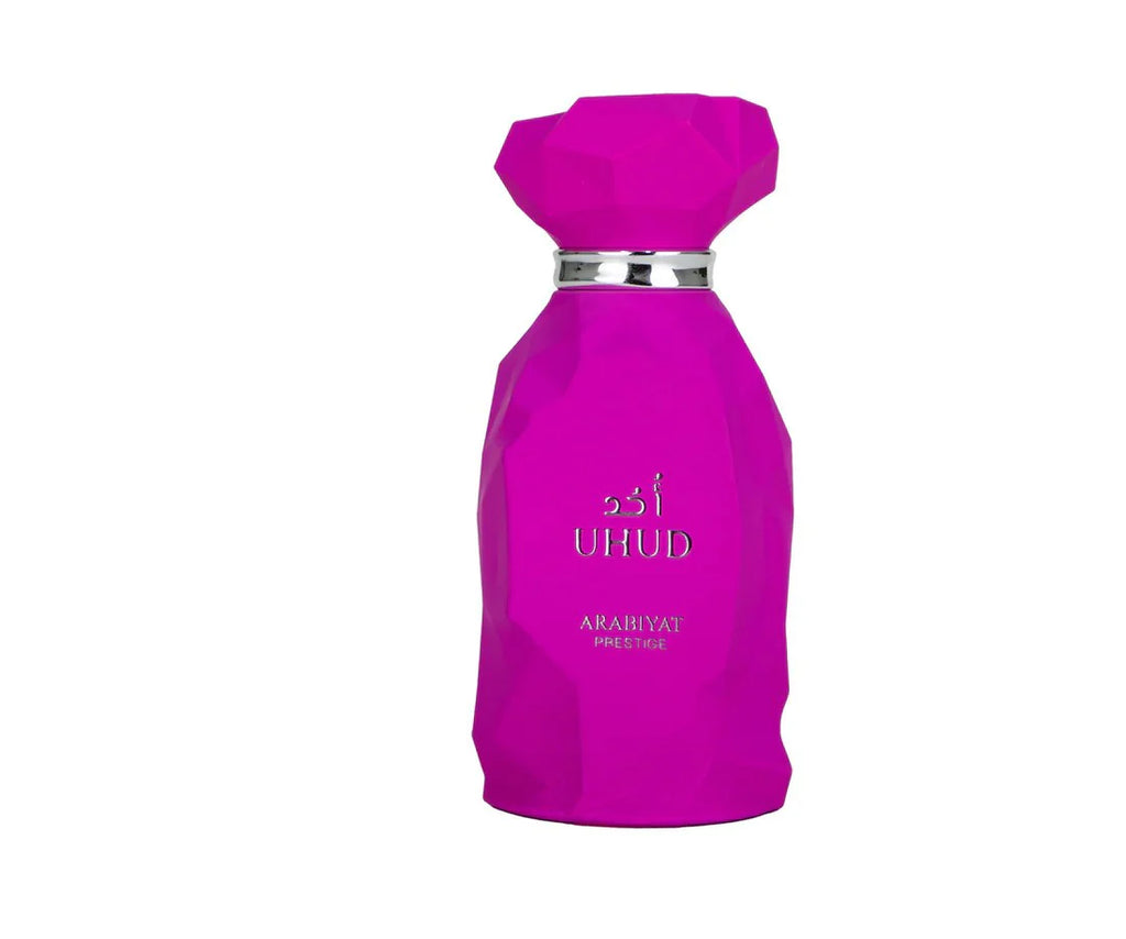 Arabiyat Prestige Uhud Eau De Parfum for women, 100ml bottle with elegant packaging and floral fragrance details.