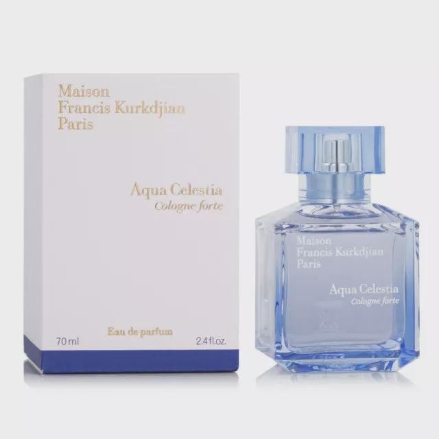 Maison Francis Kurkdjian Aqua Celestia Cologne Forte unisex perfume bottle, 200ml, elegant design with frosted glass and silver accents.