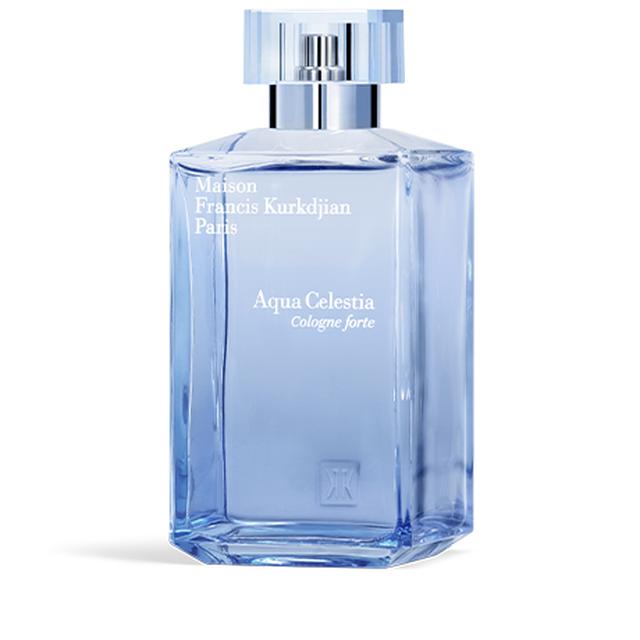 Maison Francis Aquacelestia Cologne Forte unisex perfume bottle with light blue liquid, minimalist design, and elegant packaging.