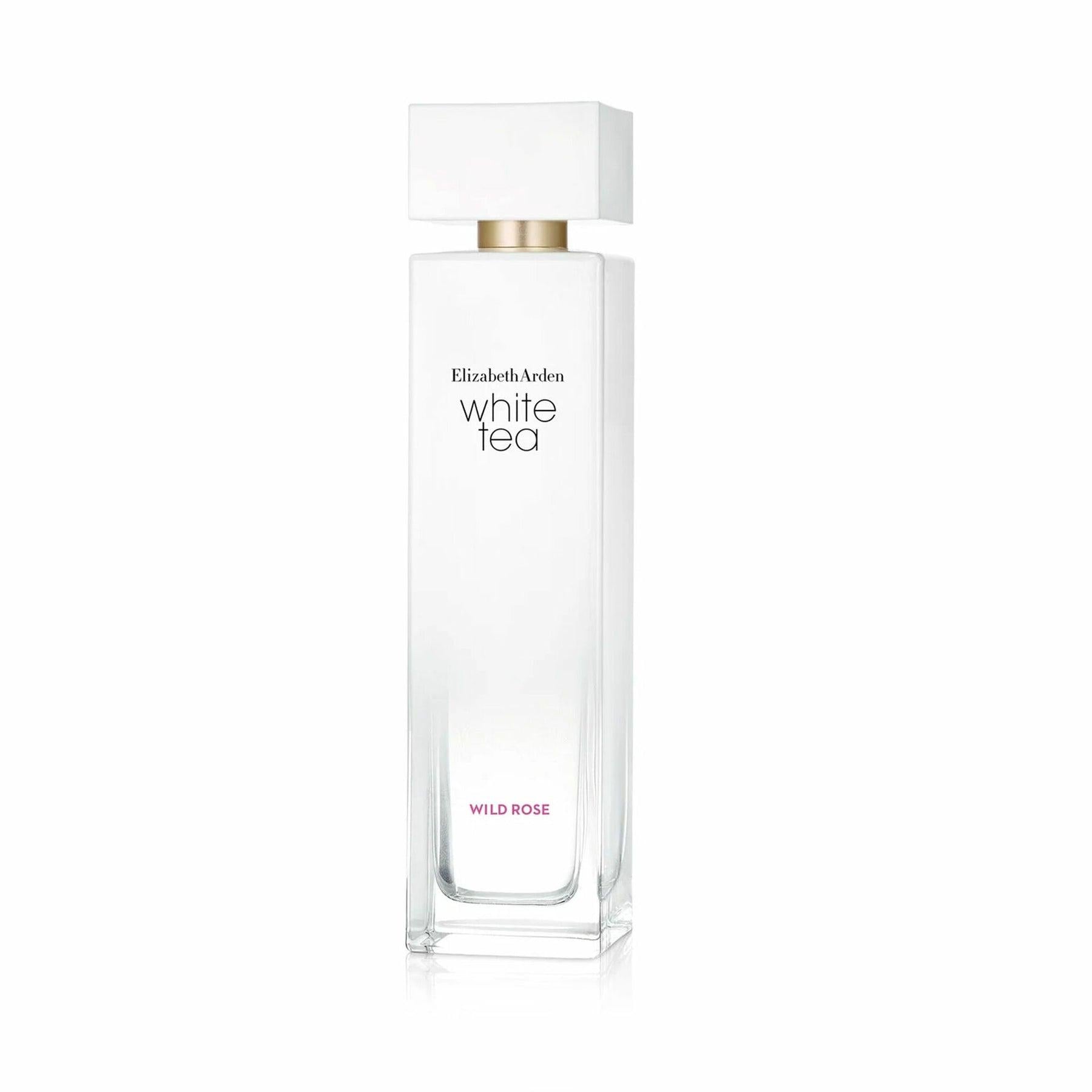 Elizabeth Arden White Tea Wild Rose Eau de Toilette 100ml for women, with a sleek glass bottle and floral rose accents.