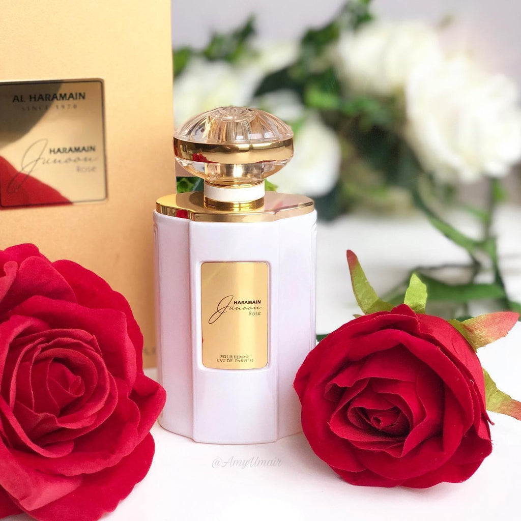 Al Haramain Junoon Rose Pour Femme Eau de Parfum 75ml bottle with floral rose design and elegant packaging.