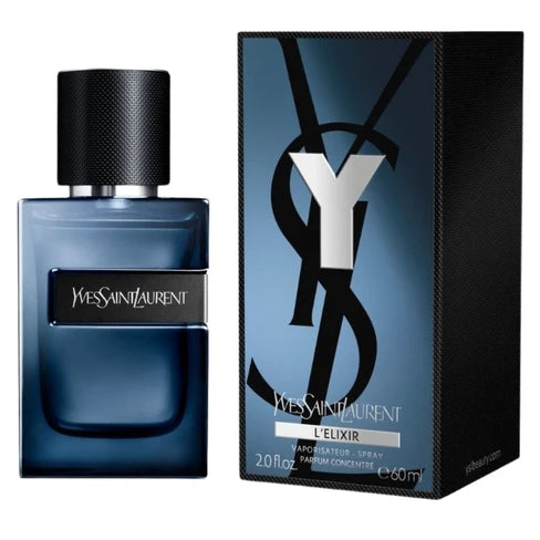 Yves Saint Laurent Y Le Parfum Elixir for Men, 60ml bottle with sleek black design and gold accents.